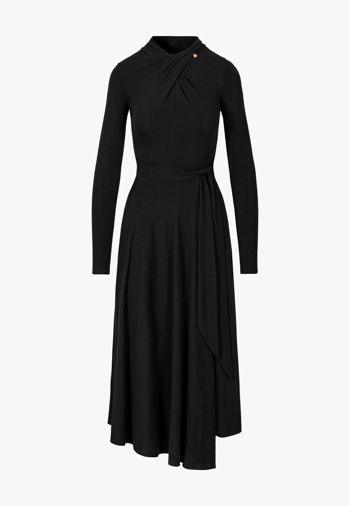 Front view of the black ROTTA dress featuring an asymmetrical hem.
