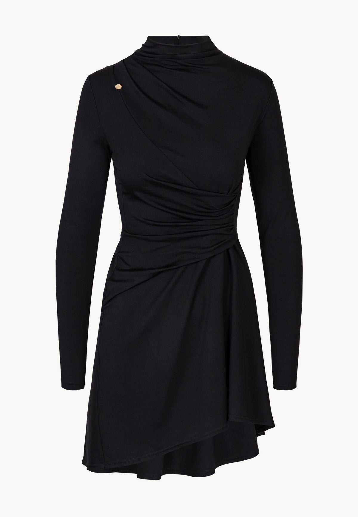 Front view of the black SALOMEI mini dress with mock neck and ruching at the front.