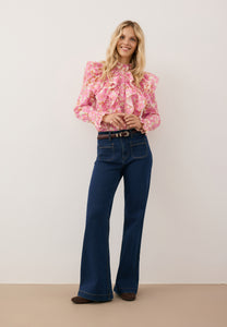 Cream women's shirt with stand-up collar and ruffles SANNI