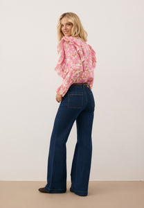 Cream women's shirt with stand-up collar and ruffles SANNI