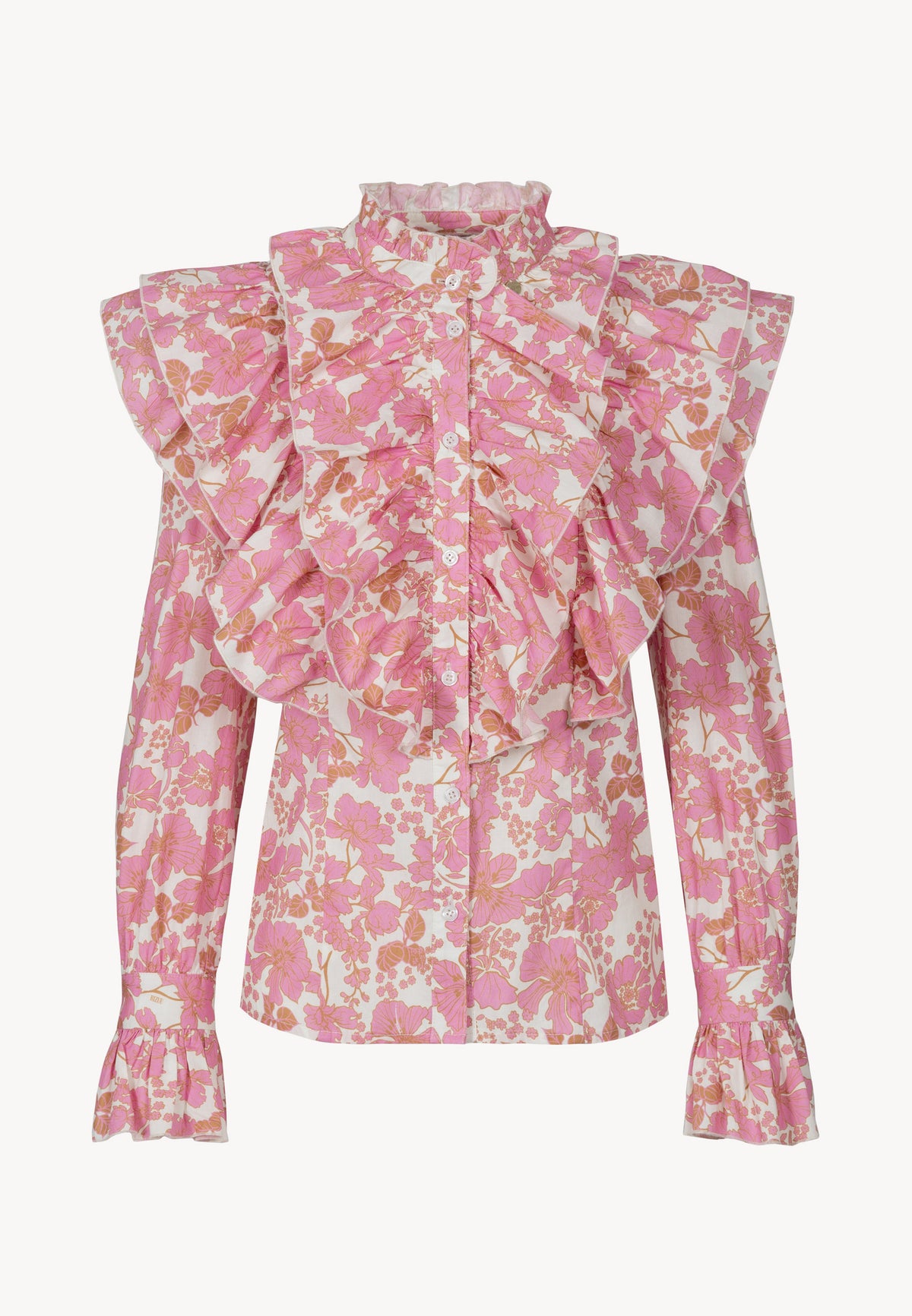 The front of the SANNI shirt features a floral print with decorative ruffles.