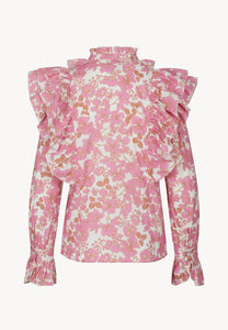 Cream women's shirt with stand-up collar and ruffles SANNI