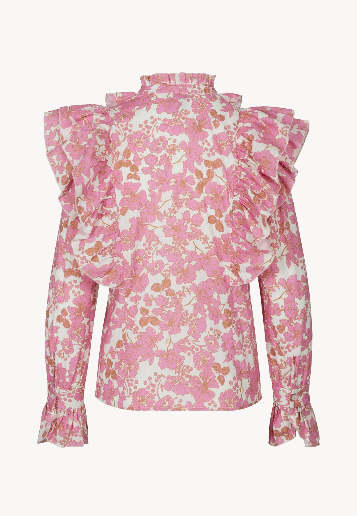 The back of the SANNI shirt features a floral print with decorative ruffles.