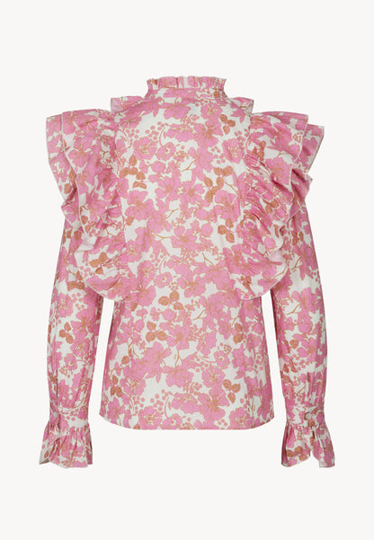 Cream women's shirt with stand-up collar and ruffles SANNI