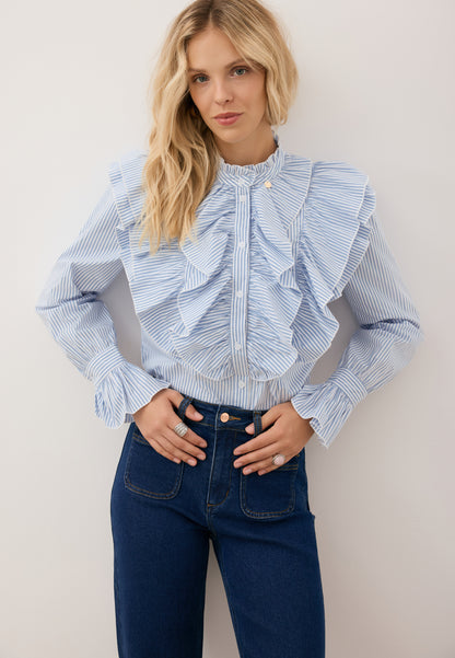 Blue women's shirt with stand-up collar and ruffles SANNI