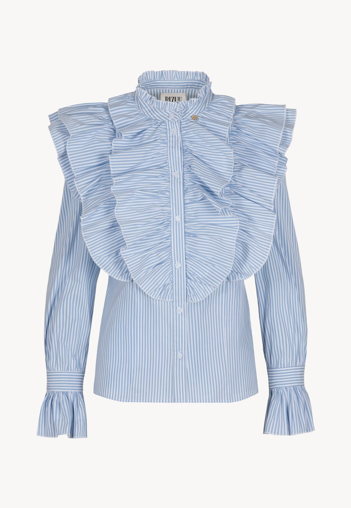 The front of the blue SANNI shirt with decorative ruffles on the front.