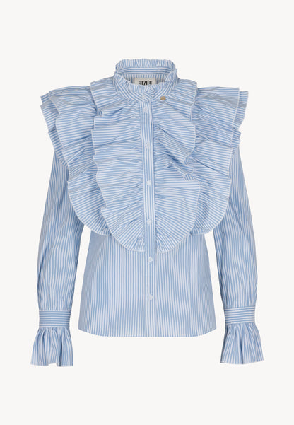 Blue women's shirt with stand-up collar and ruffles SANNI