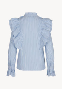 Blue women's shirt with stand-up collar and ruffles SANNI