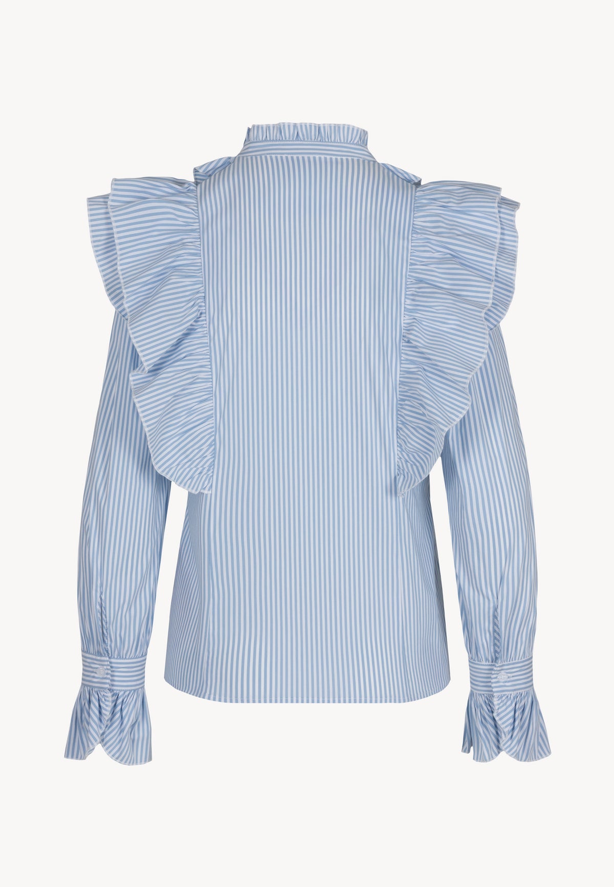 The back of the blue SANNI shirt with decorative ruffles.