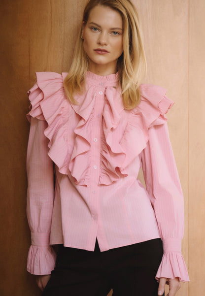 Pink women's shirt with stand-up collar and ruffles SANNI