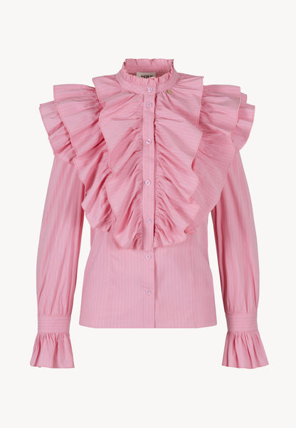 Pink women's shirt with stand-up collar and ruffles SANNI