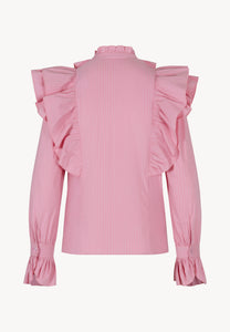 Pink women's shirt with stand-up collar and ruffles SANNI