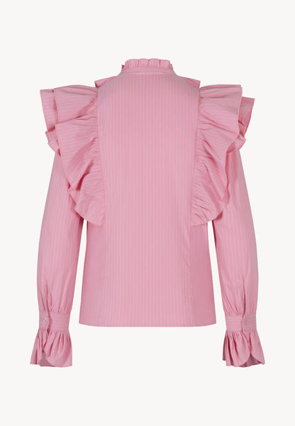 Pink women's shirt with stand-up collar and ruffles SANNI