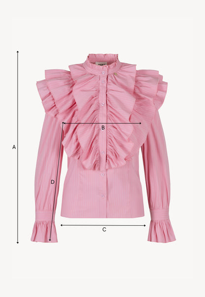 Pink women's shirt with stand-up collar and ruffles SANNI