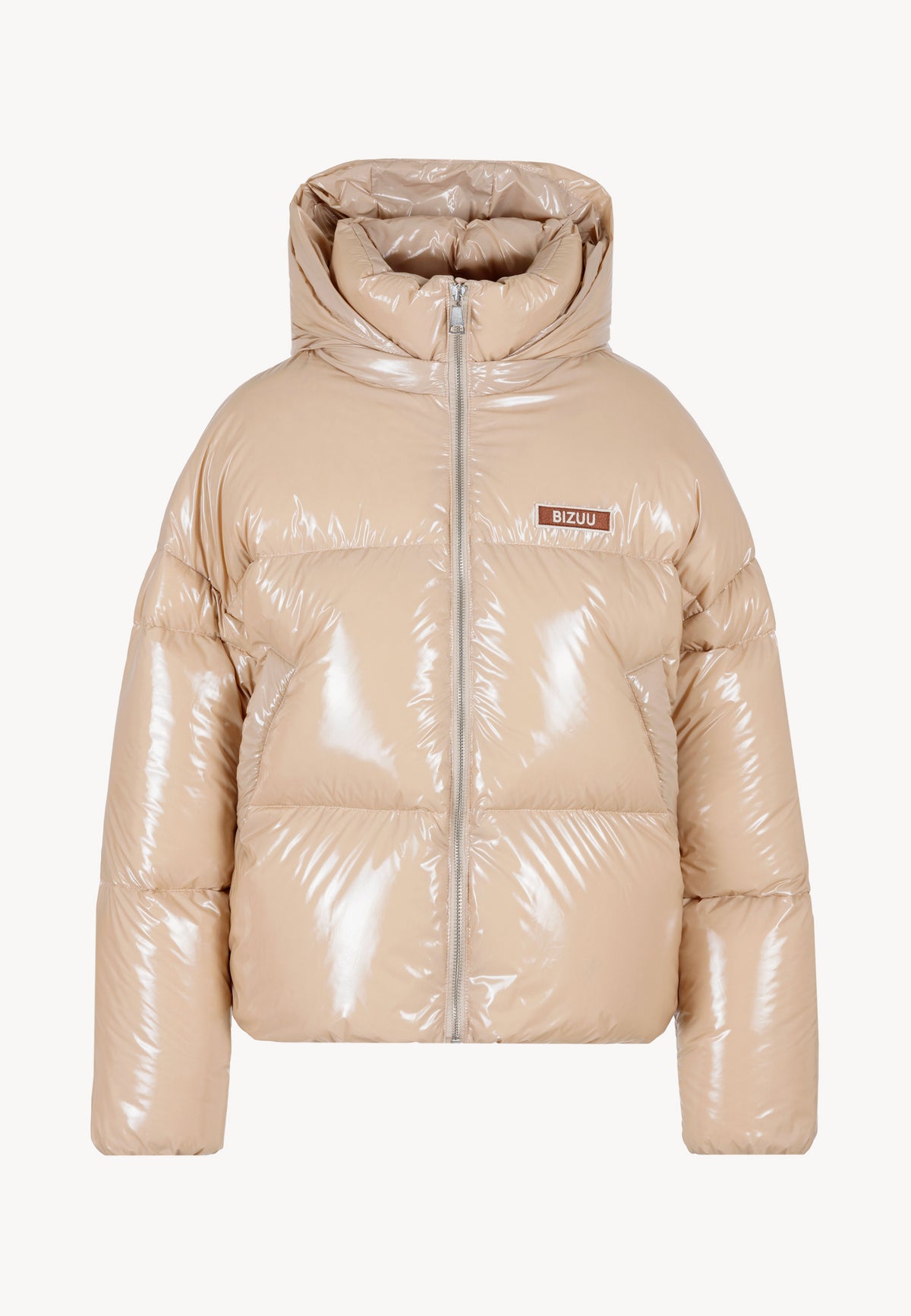 Beige SANYA jacket with natural filling and hood.