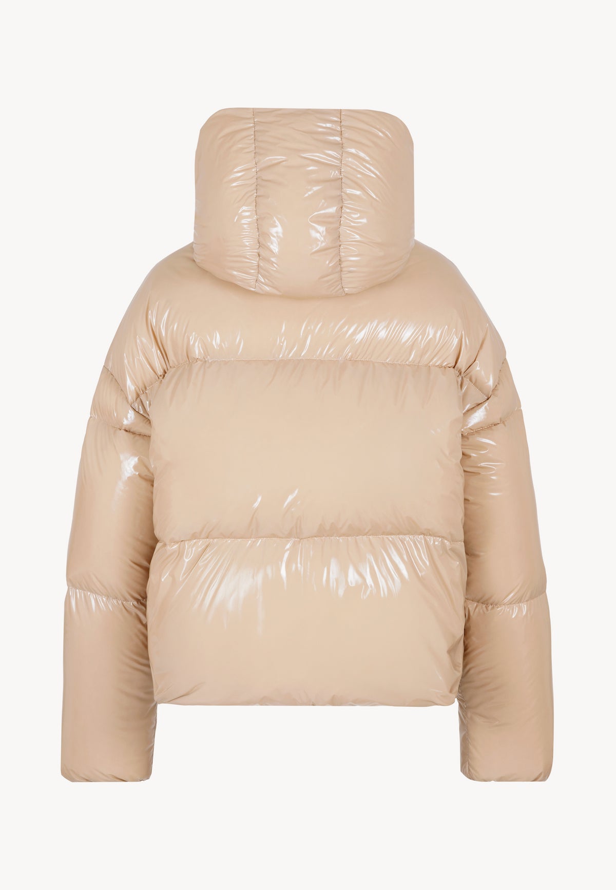 Back view of the beige SANYA puffer jacket with hood.