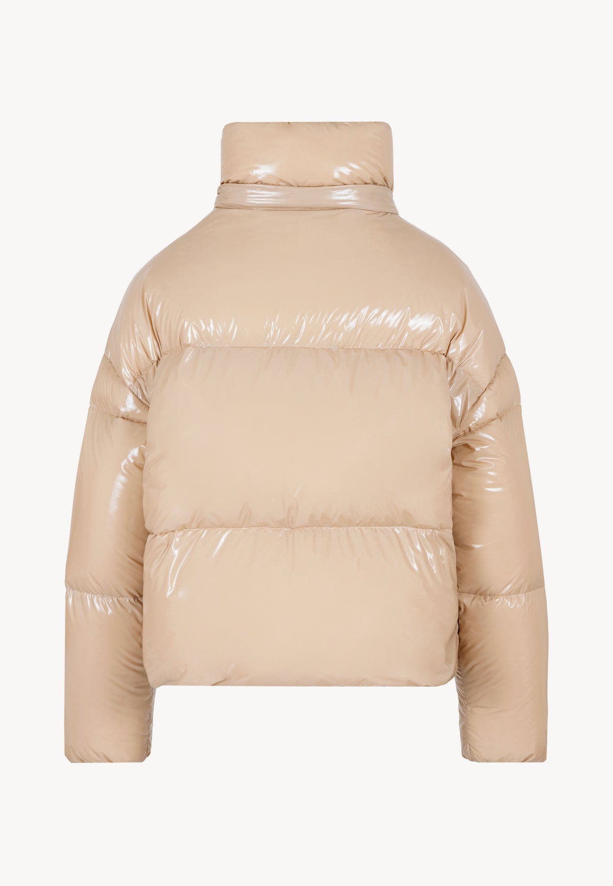 Back view of the beige SANYA goose down jacket with detachable hood.