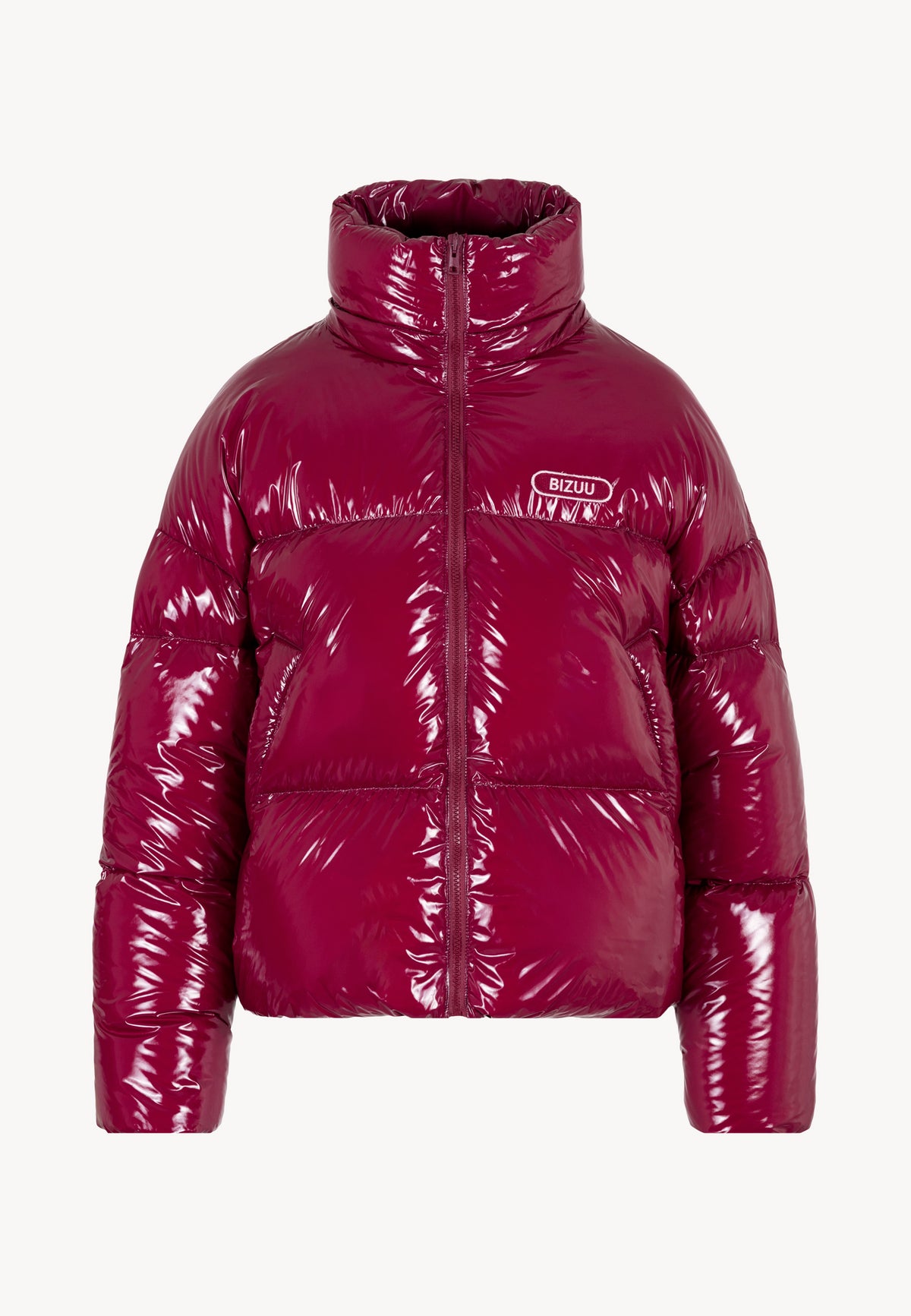 Front view of the burgundy SANYA puffer jacket with a detachable hood and front logo.