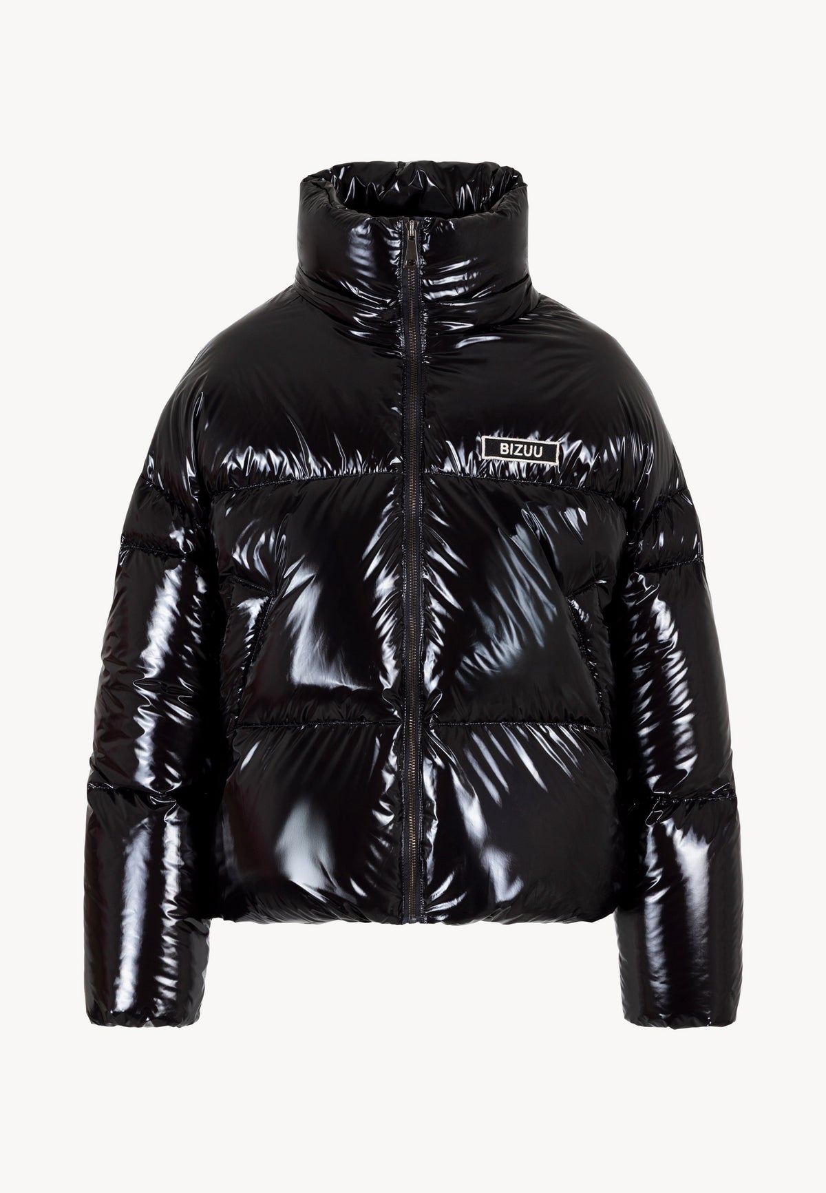 Black SANYA puffer jacket with detachable hood.
