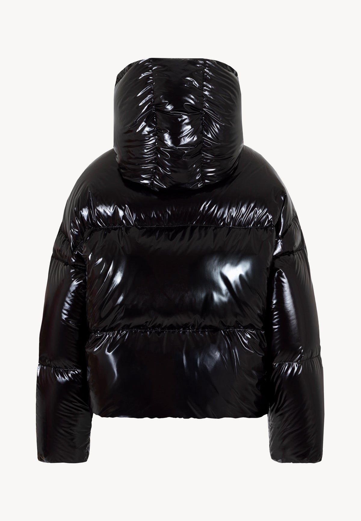 Back view of the black SANYA puffer jacket with hood.