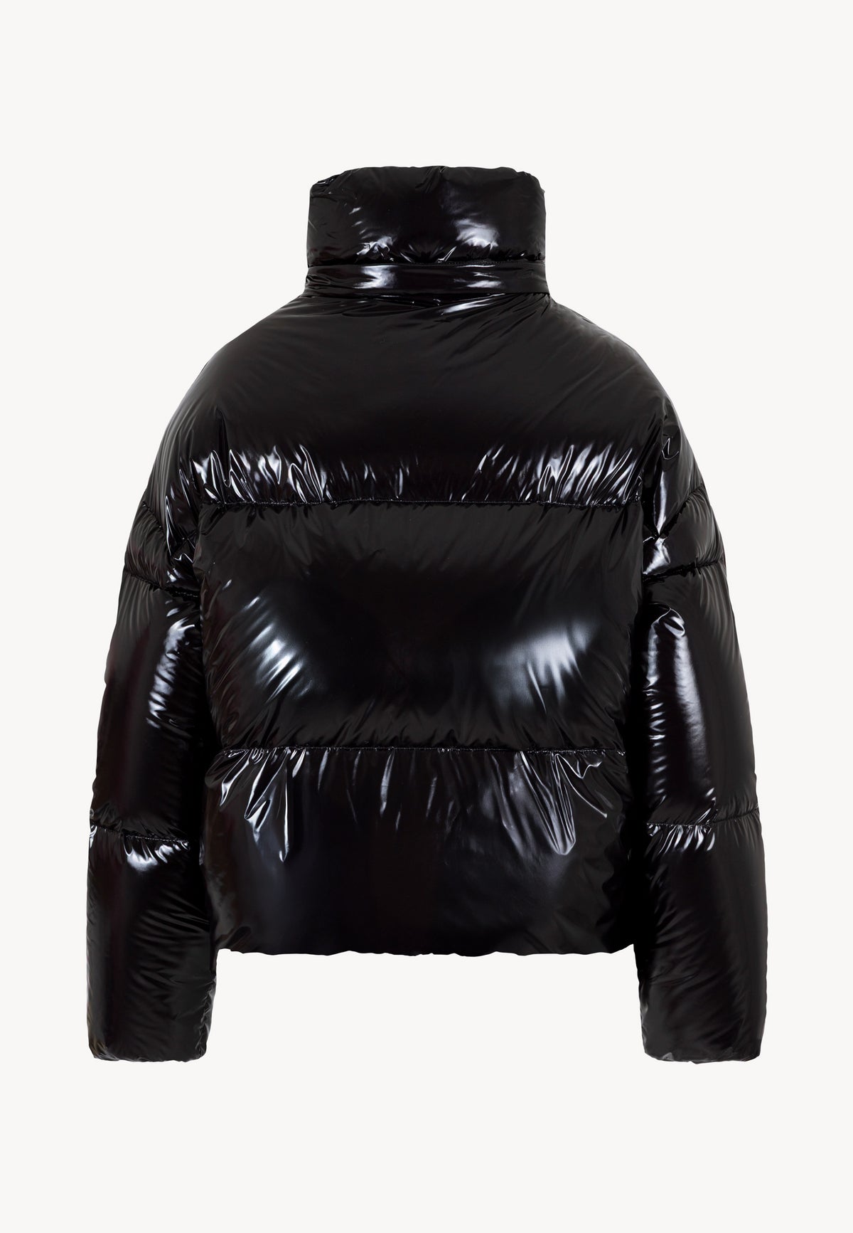 Back view of the SANYA jacket made of glossy fabric without hood.