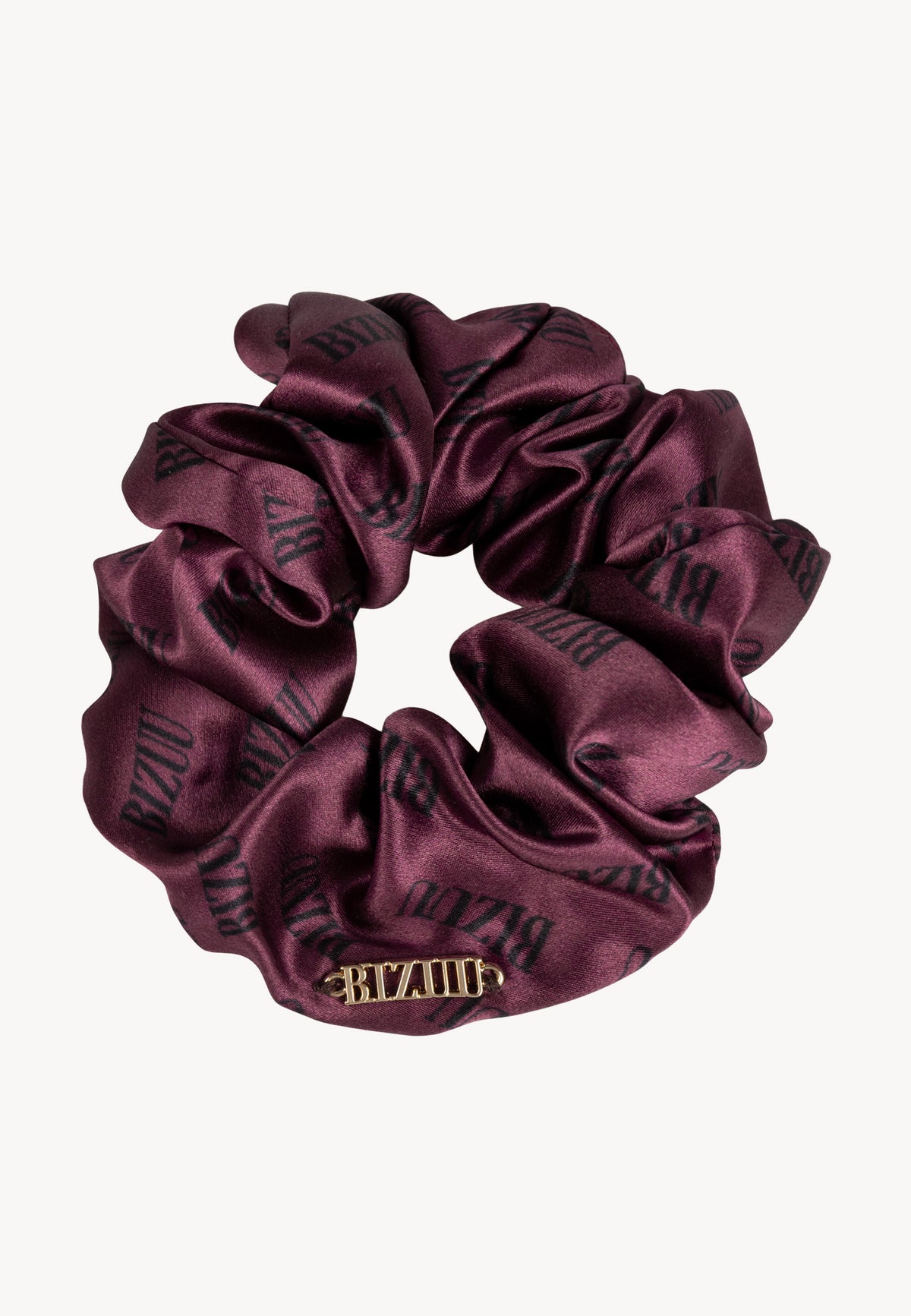 Burgundy SILKY silk scrunchie with logo print.