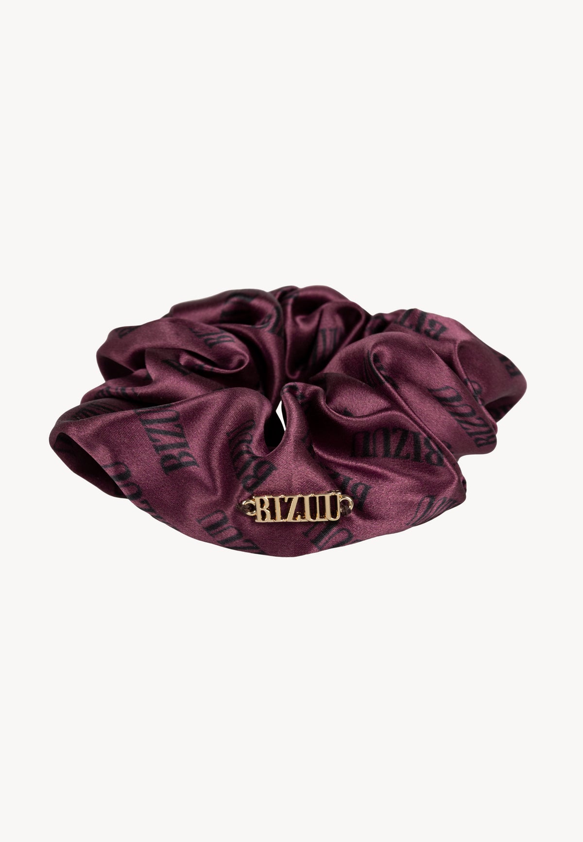 SILKY silk scrunchie with dark logo print.