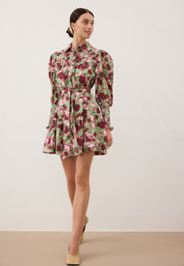 Mini cotton dress with original SOREZIA print, green