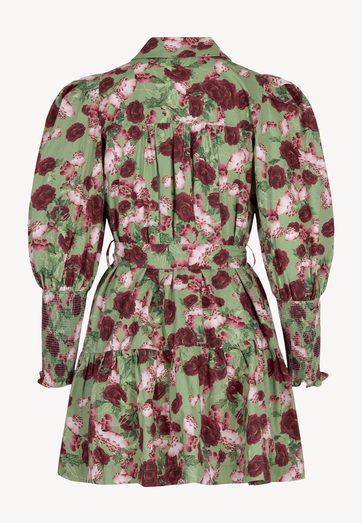 The back of the green SOREZIA mini dress with a floral print.