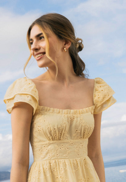 Yellow midi dress with floral embroidery CORSICA