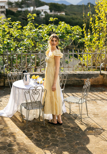 Yellow midi dress with floral embroidery CORSICA