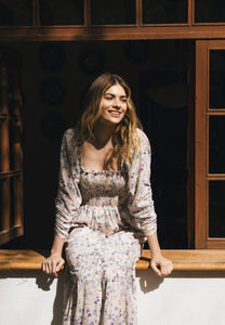 Cream midi dress in author's print PATRYA