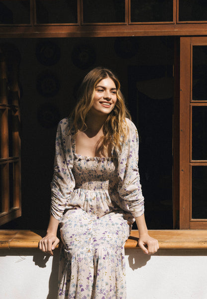 Cream midi dress in author's print PATRYA