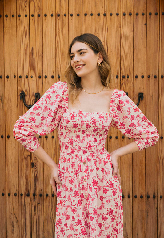 Red midi dress in author's print PATRYA