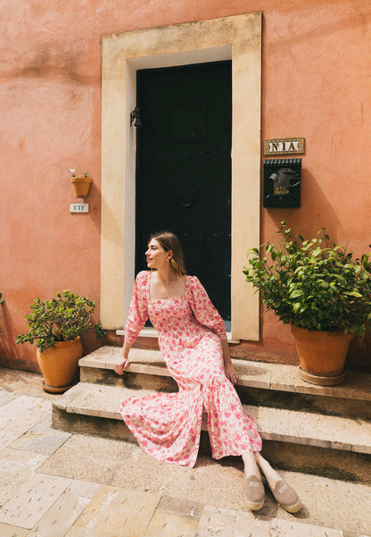 Red midi dress in author's print PATRYA