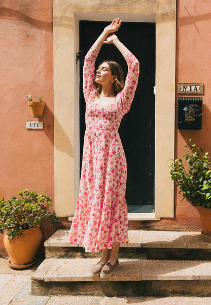 Red midi dress in author's print PATRYA