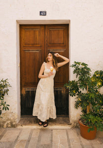 Cream dress with a tie at the neckline ROCHELLE