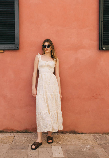 Cream dress with a tie at the neckline ROCHELLE