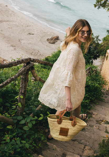 Cream mini dress with decorative sleeves SANTIA