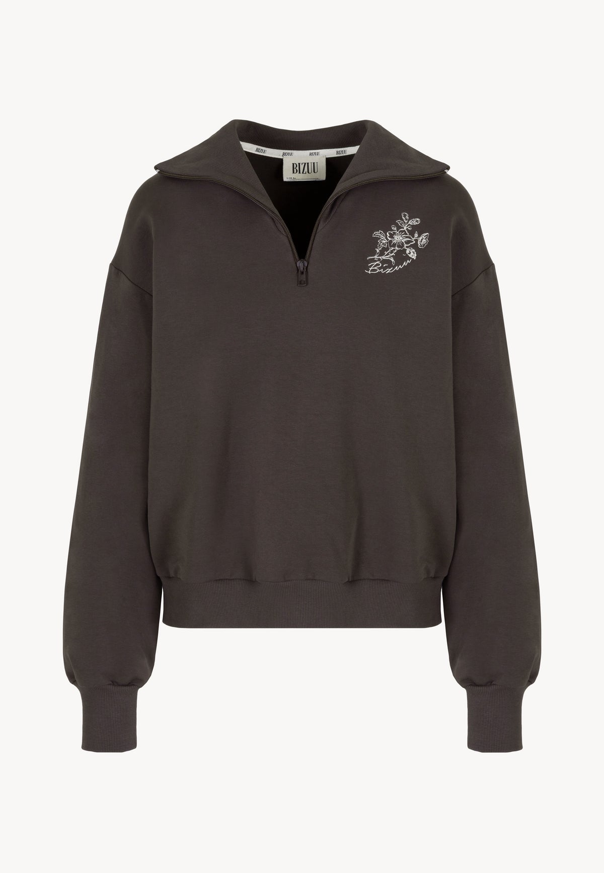 Front view of the chocolate TANSY half-zip sweatshirt.
