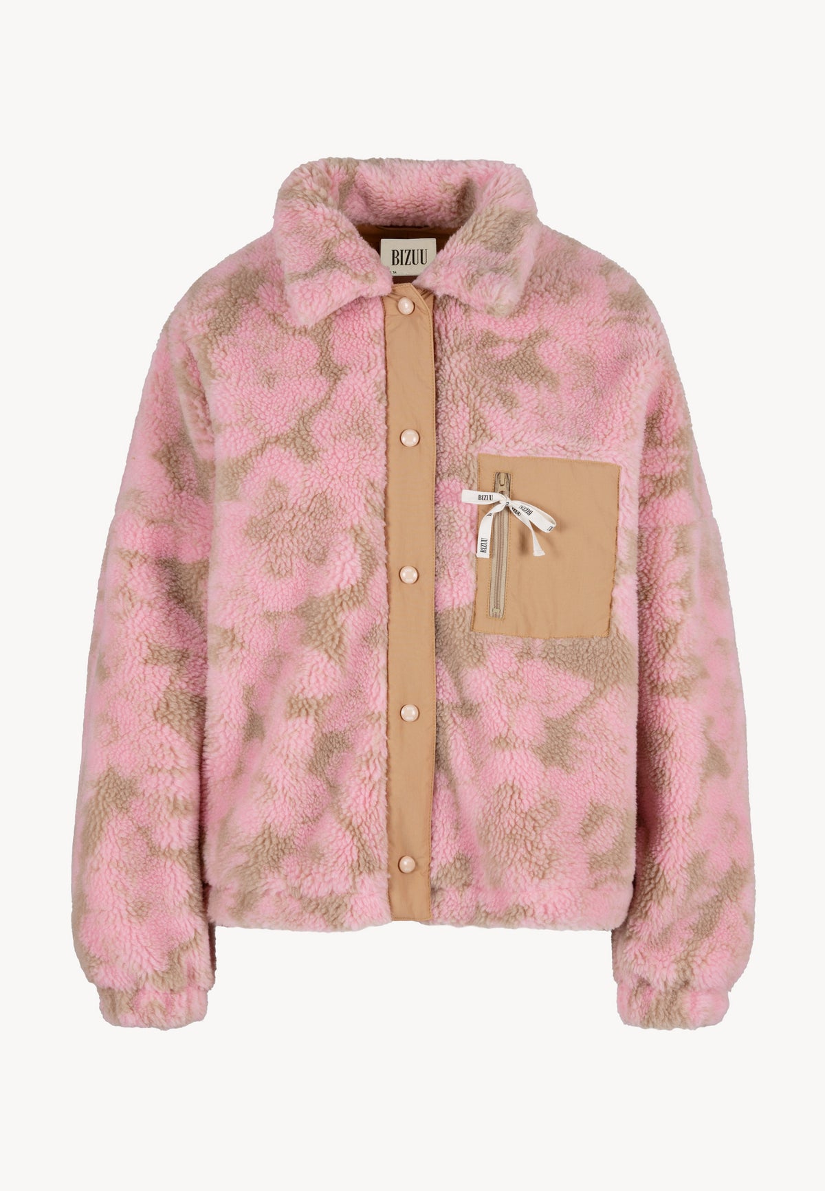 TEDDY fleece jacket in a pink-beige floral print with branded bow detail on the pocket.