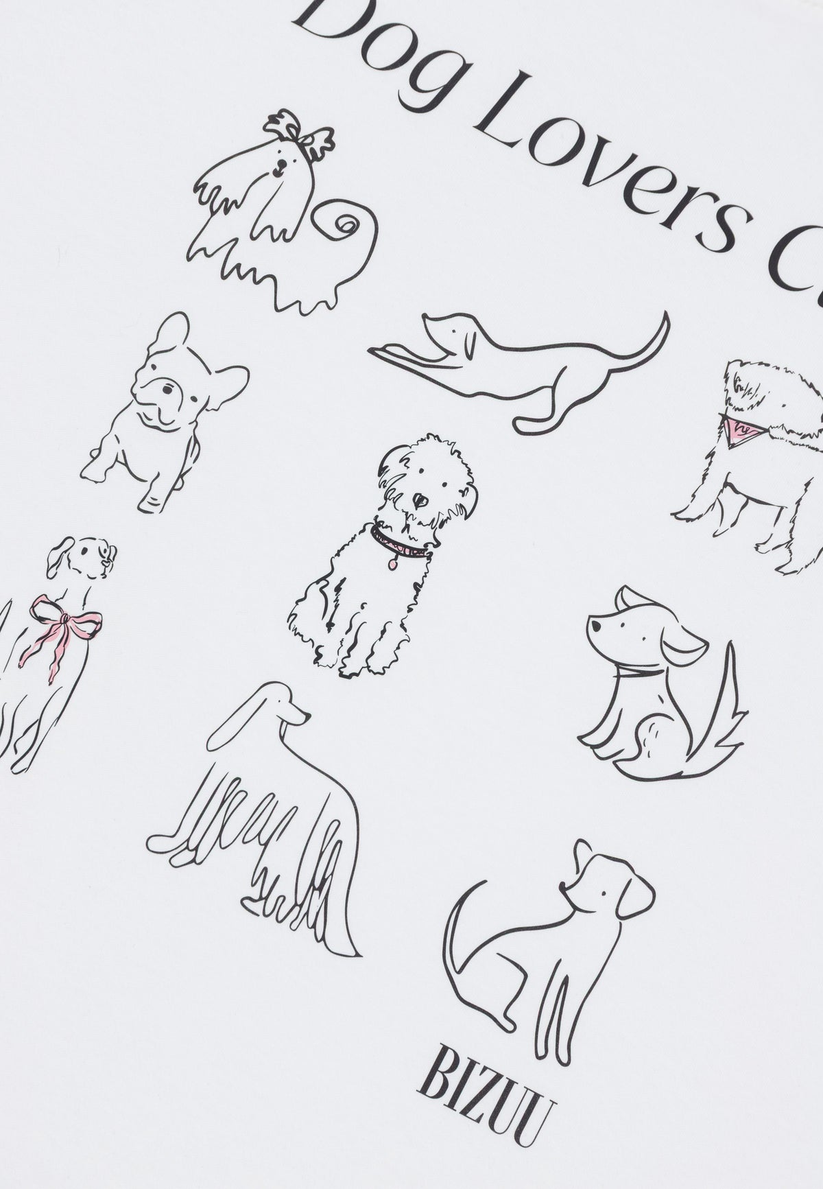 Close-up of dogs printed on a white TISHAG T-shirt with the words “Dog Lovers Club.”