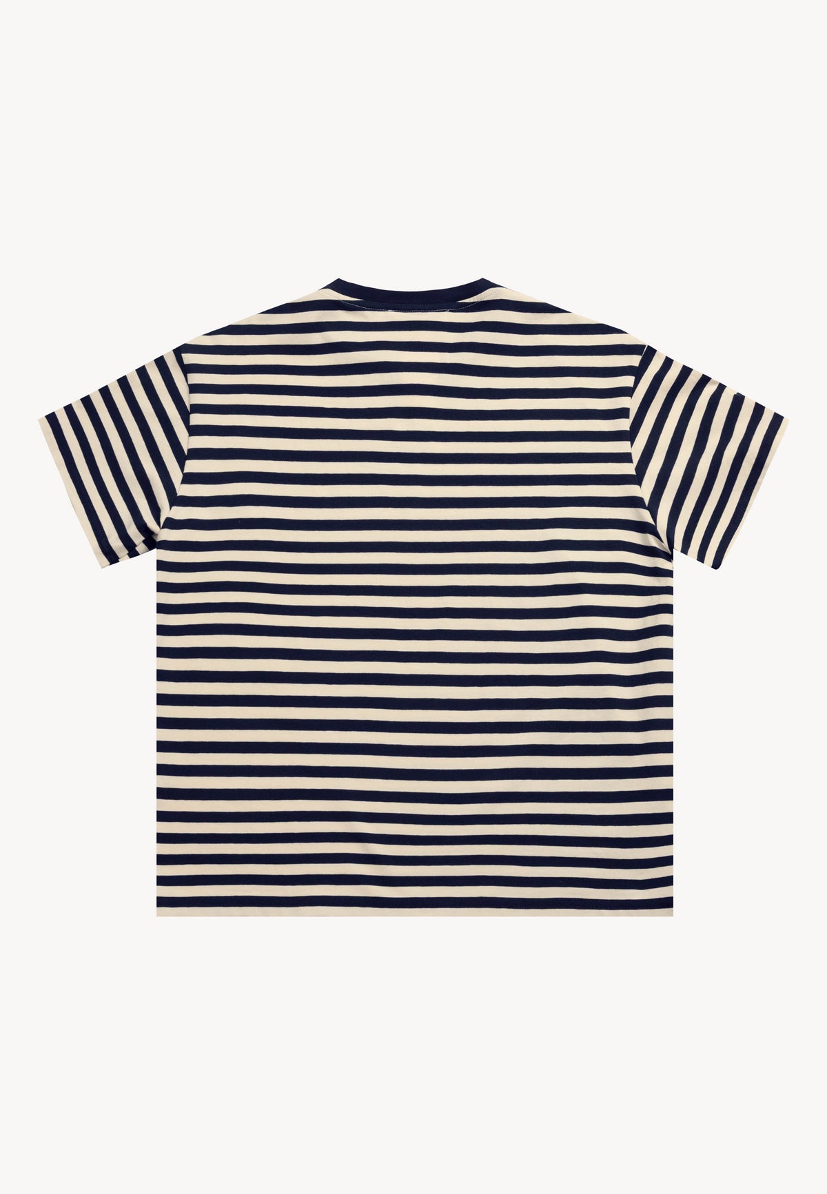 The back of the TISHALLY T-shirt with navy blue and cream stripes on a light background.