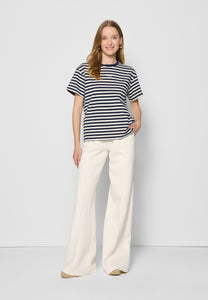 Cotton T-shirt with cream and navy blue stripes TISHALLY