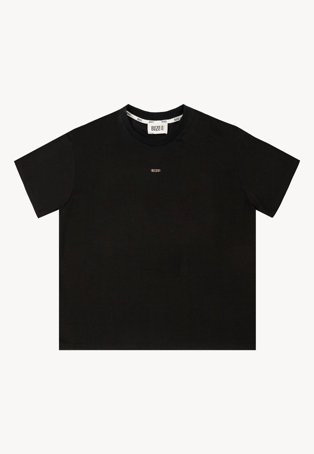 Front view of the black cotton TISHAL T-shirt with logo on the front.