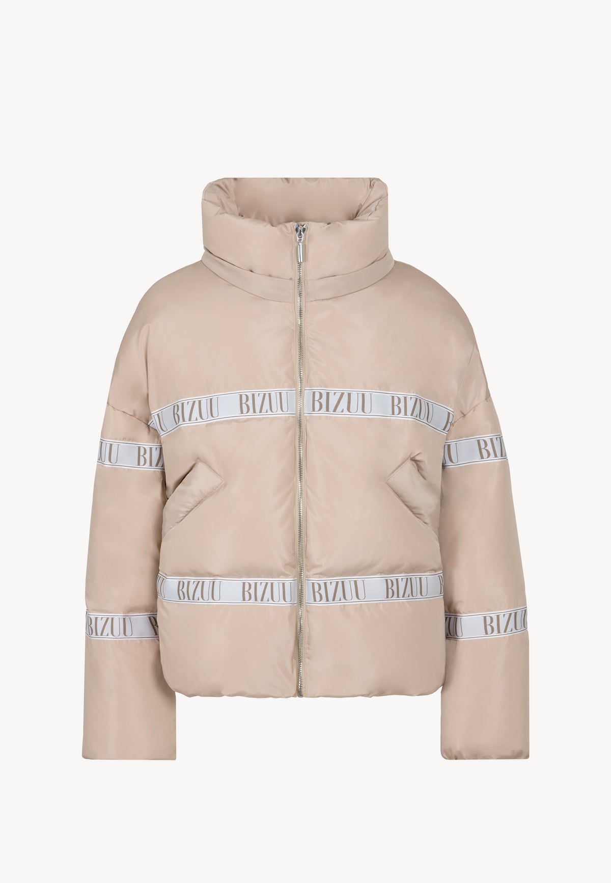 Front view of the beige TOKYO jacket with natural filling and detachable hood.