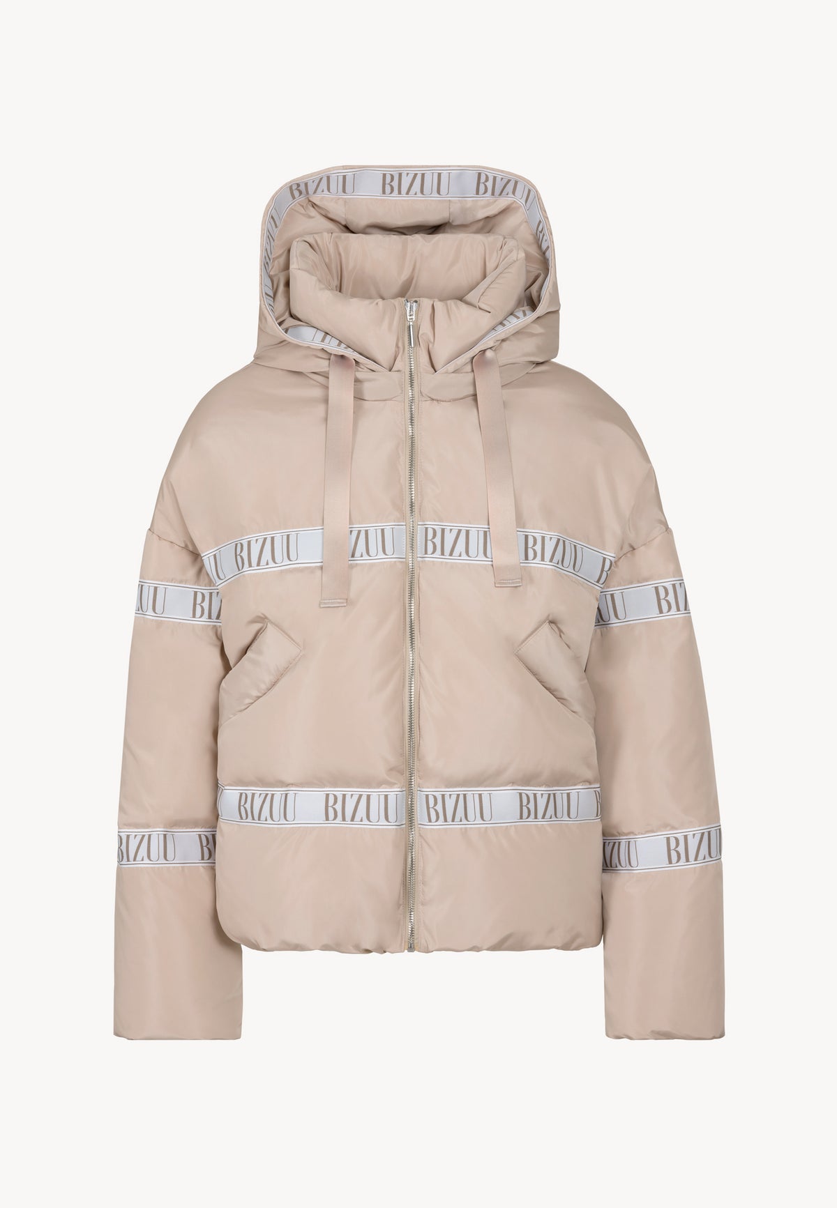 Beige TOKYO jacket with natural filling and hood.