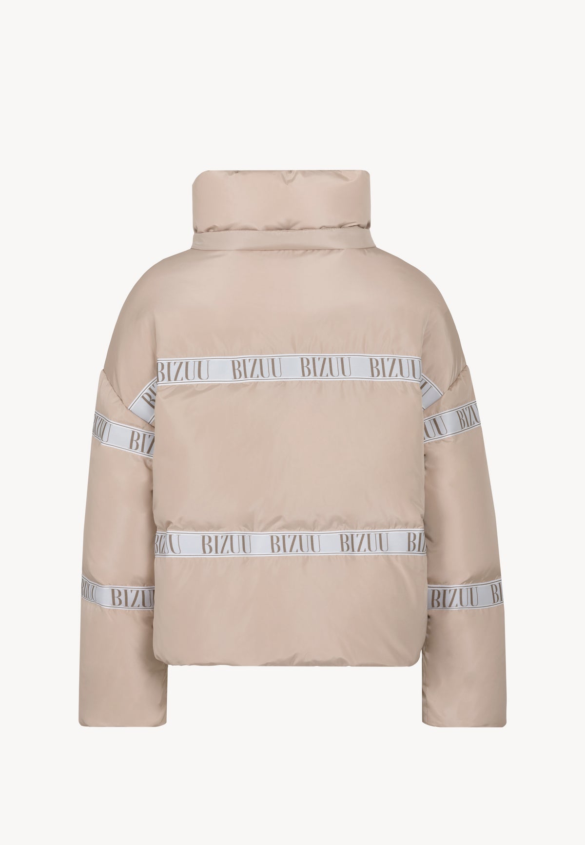 Back view of the beige TOKYO down jacket with branded tape and detachable hood.