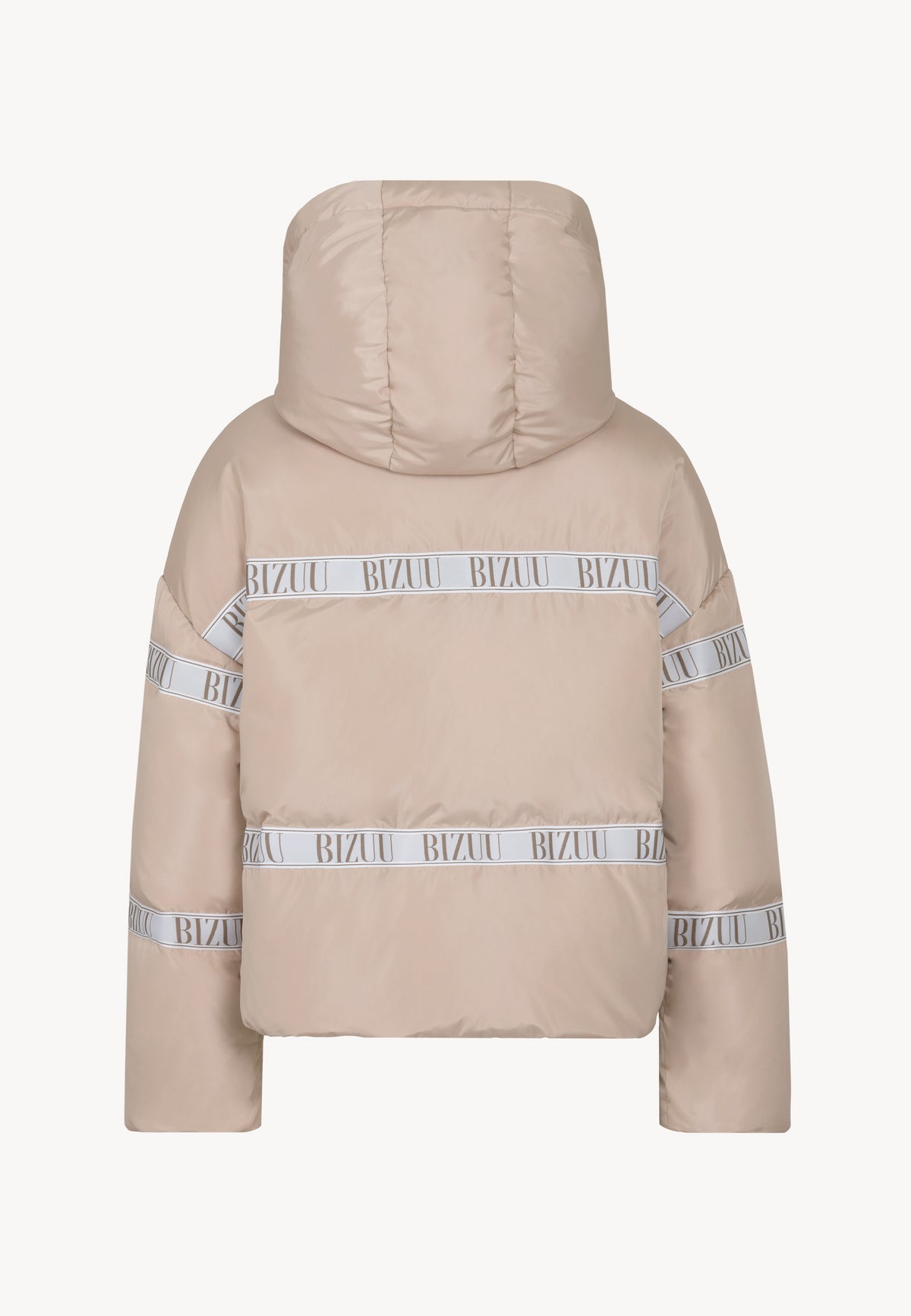 Back view of the TOKYO down jacket with hood and branded stripe.