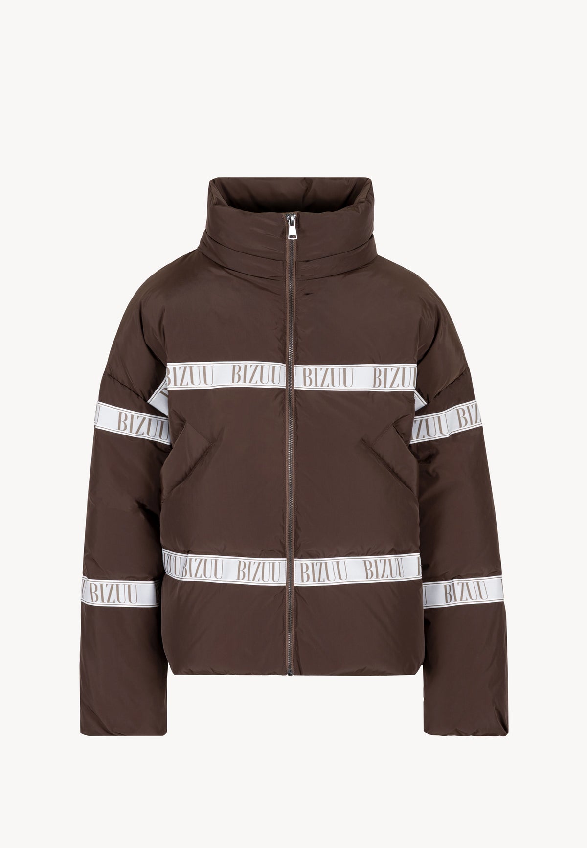 Brown TOKYO jacket with natural filling and detachable hood.